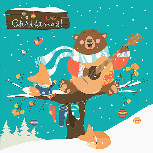 Cute bear and little fox celebrating Christmas. Vector greeting card