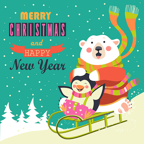 Frightened bear and happy penguin rolling down a hill on sleds. Vector greeting card