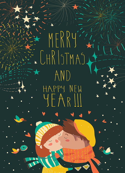 Cute card for lovely christmas with kissing couple and firework. Vector illustration