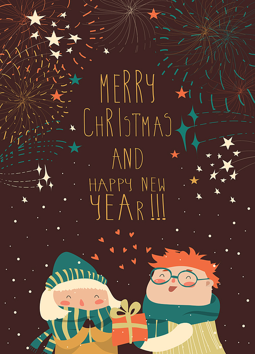 Boy gives a gift to the girl while fireworks in the sky. Vector Christmas card