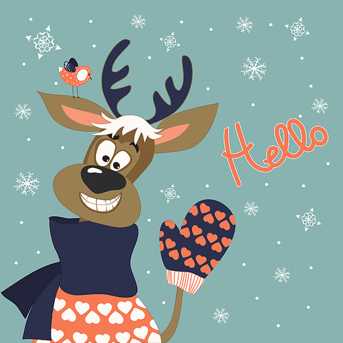 Reindeer says hello at vector greeting card