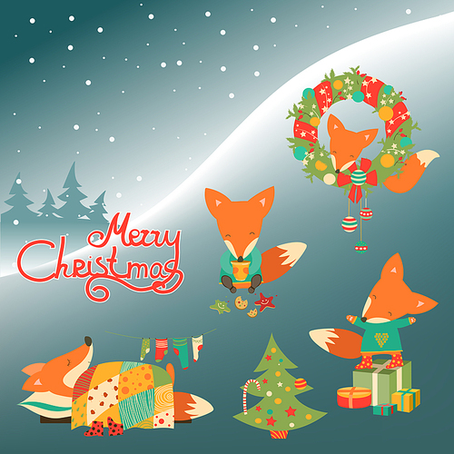 Cute little fox celebrating Christmas. Vector collection