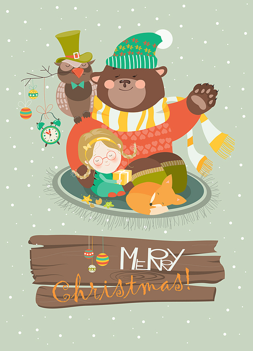 Cute girl, funny bear and owl celebrating Christmas. Vector greeting card