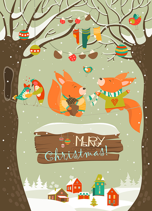 Cute squirrels celebrating Christmas. Vector greeting card