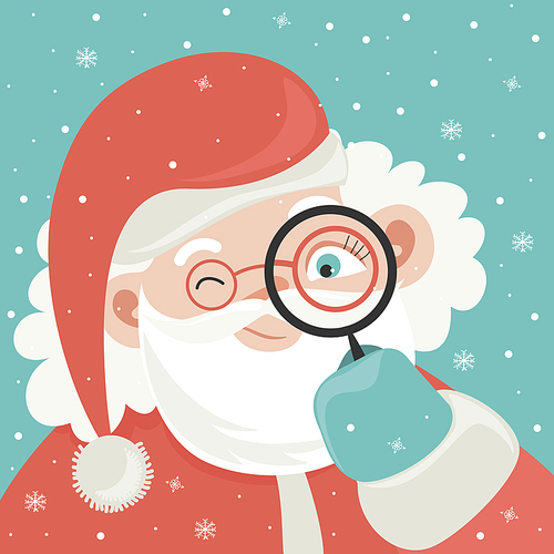 Portrait of Santa Claus with magnifying glass. Vector illustration