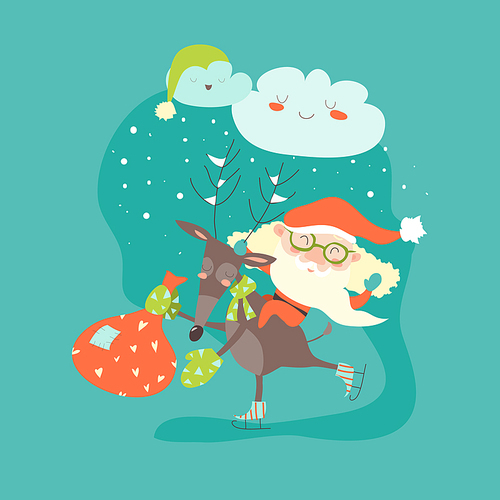 Funny Santa Claus with reindeer. Vector winter background