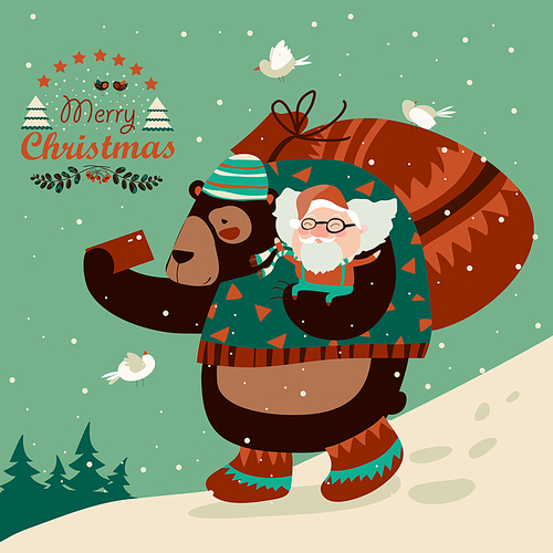 Funny bear taking selfie with happy Santa Claus. Vector illustration