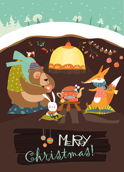 Cute bear with rabbit and fox celebrating Christmas in his den. Vector greeting card