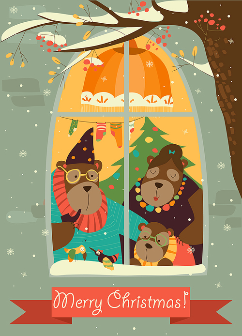 Bear family looking out of the window at snow. Vector greeting card