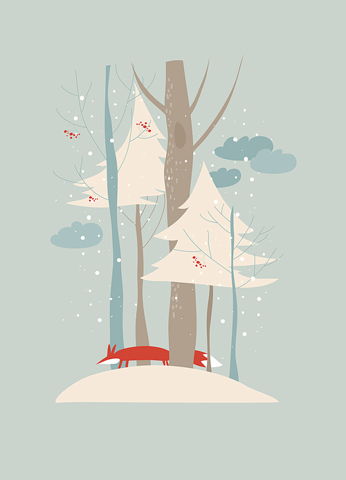 Winter landscape with trees and fox. Vector illustration
