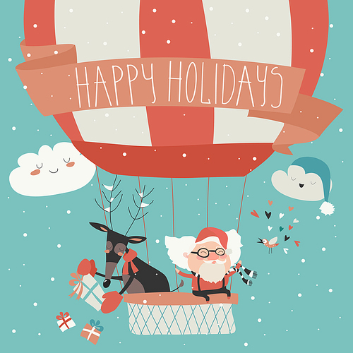 Cartoon winter holidays greeting card with Santa Claus flying in a hot air balloon with reindeer