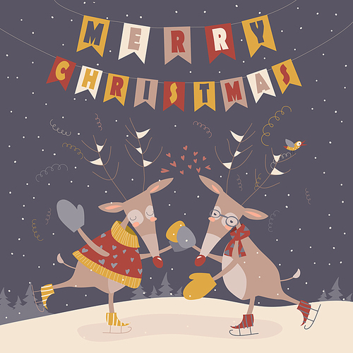 Cute reindeers dancing. Vector christmas greeting card