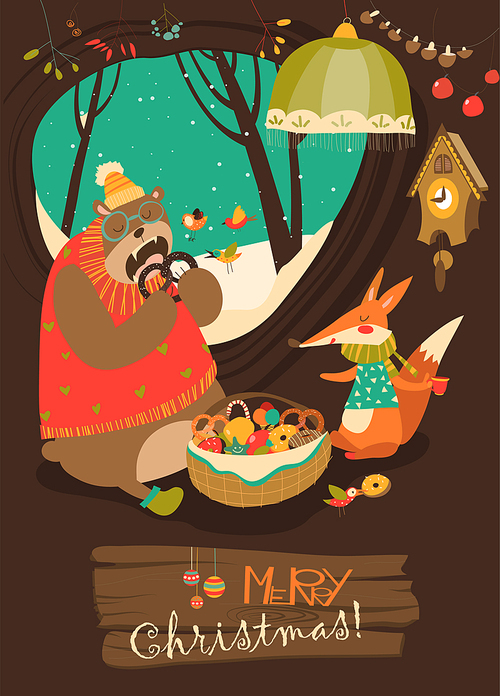Cute bear and fox celebrating Christmas in den. Vector greeting card