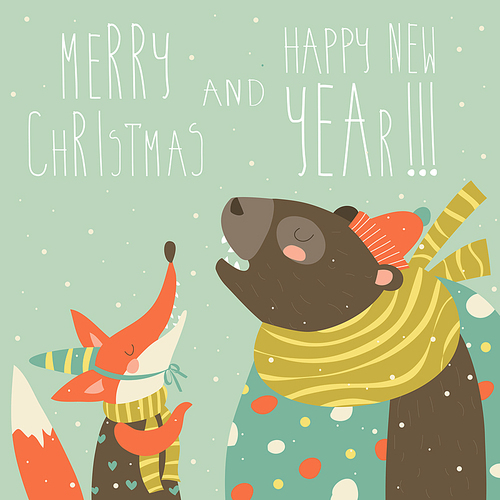 Funny bear and happy fox . Vector greeting card