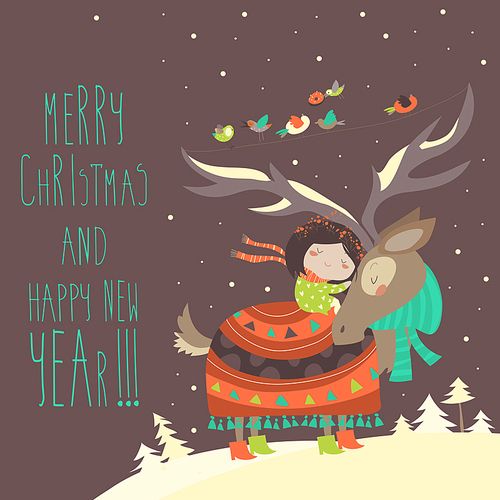 Cute little girl hugging reindeer. Vector Christmas greeting card.