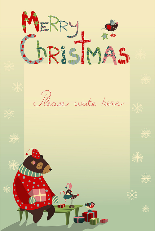 Vector christmas greeting card with bear and birds