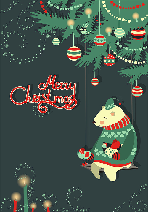 Vector greeting card,bear and bird under the christmas tree
