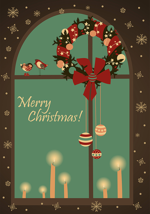 Vector Christmas greeting card with wreatjh on window and candles
