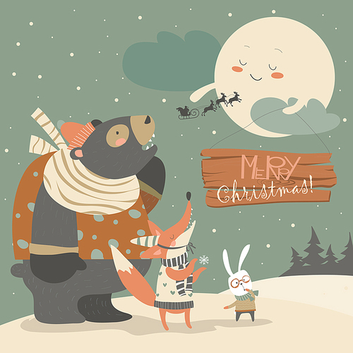 Bear,rabbit and fox watching the moon. Vector greeting card