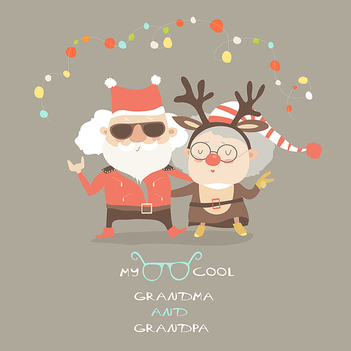 Cool grandma and grandpa wearing carnival costumes of Santa Claus and reindeer. Vector illustration