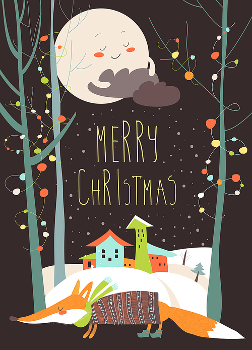 Christmas greeting card with fox and town in snowdrifts