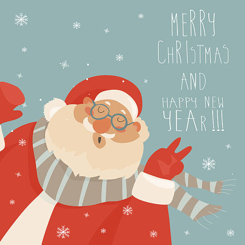 Vector Christmas card with Santa Claus. Cute holiday cartoon background. Merriest wishes. Christmas greeting card with Santa.