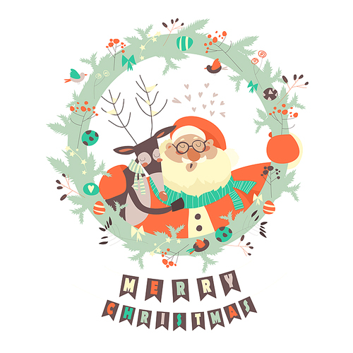 Reindeer and Santa embracing each other in Christmas wreath