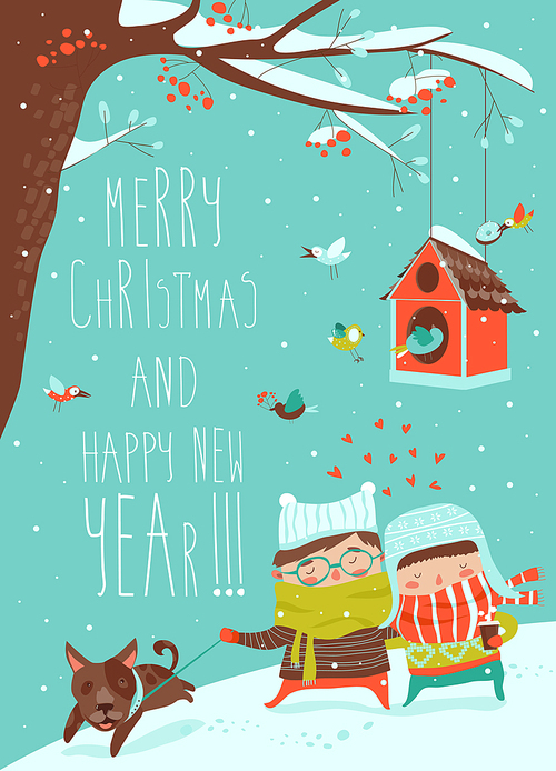 Young couple walking with dog on leash. Vector Christmas card