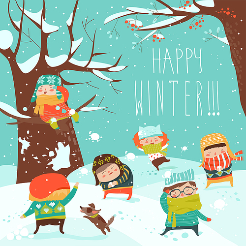 Funny kids playing snowball fight. Vector illustration
