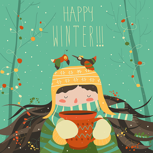 Cute winter cartoon girl with coffee. Vector illustration