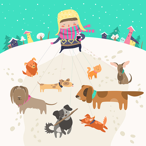 Girl, dog-walker, taking pack of dogs for a walk.Vector illustration