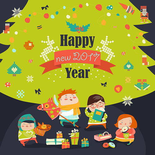 Group of children and christmas tree. Vector Christmas card