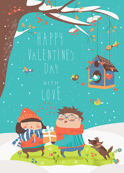 Boy gives a gift to the girl. Vector Valentines card