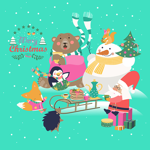 Cute animals celebrating Christmas. Vector greeting card