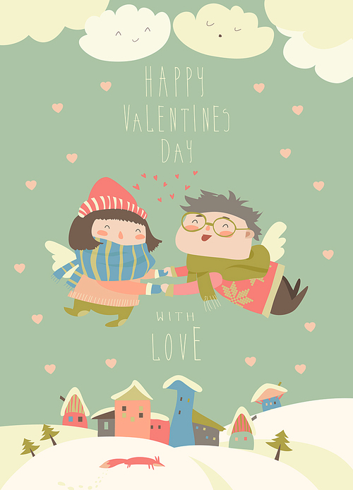 Stylish Valentines card in vector. Cute couple of angels flying above the houses
