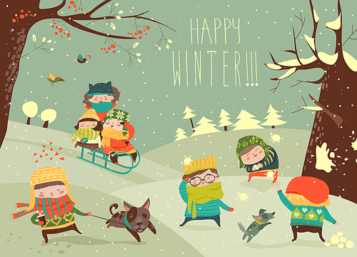 Vector illustration, cute kids playing winter games, card concept