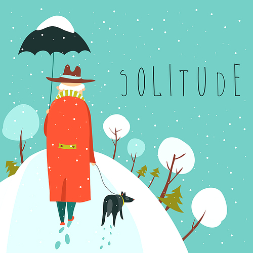 lonely old man walking with dog in a snowy park. Vector illustration