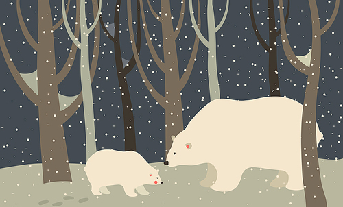 Vector polar bear and cub in the forest