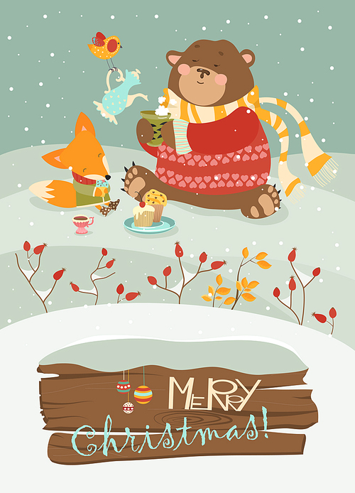 Cute bear and little fox celebrating Christmas. Vector greeting card