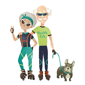 Cartoon active old couple, man and woman doing sport. Vector illustration