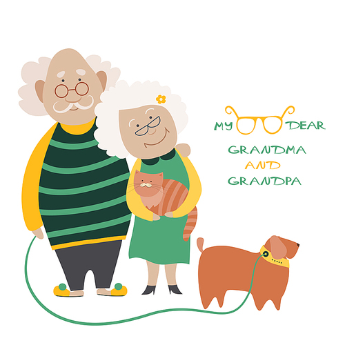Illustration Featuring an Elderly Couple With Their Dog