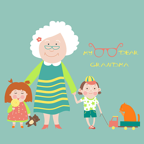 Grandmother with grandson and granddaughter. Vector Illustration