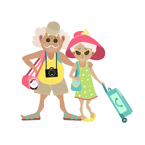 Illustration of an Elderly Couple Traveling Together with Luggage in Tow. Vector illustration