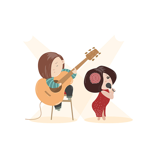 Beautiful woman singing with a microphone and guitarist. Vector isolated illustration