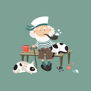 Old sailor sitting on bench with cat and dog. Vector illustration