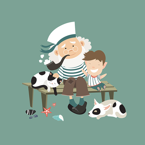 Old sailor sitting on bench with grandson. Vector illustration