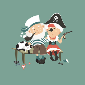 Old sailor sitting on bench with his beloved pirate. Vector illustration