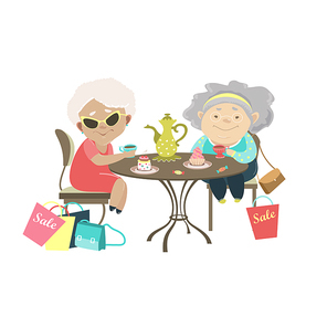 Two old women talking in a cafe after shopping. Vector isolated illustration