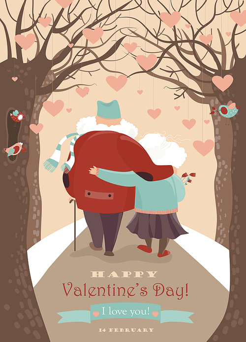 Old couple in love walking. Vector romantic greeting card