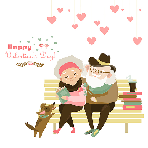 Old couple in love sitting on bench. Vector romantic greeting card
